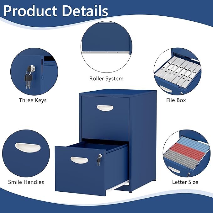 2 Drawer File Cabinet with Lock,Blue Small Filing Cabinet for Home Office,Metal Vertical File Under Desk Cabinets for A4/Letter,Assembly Required