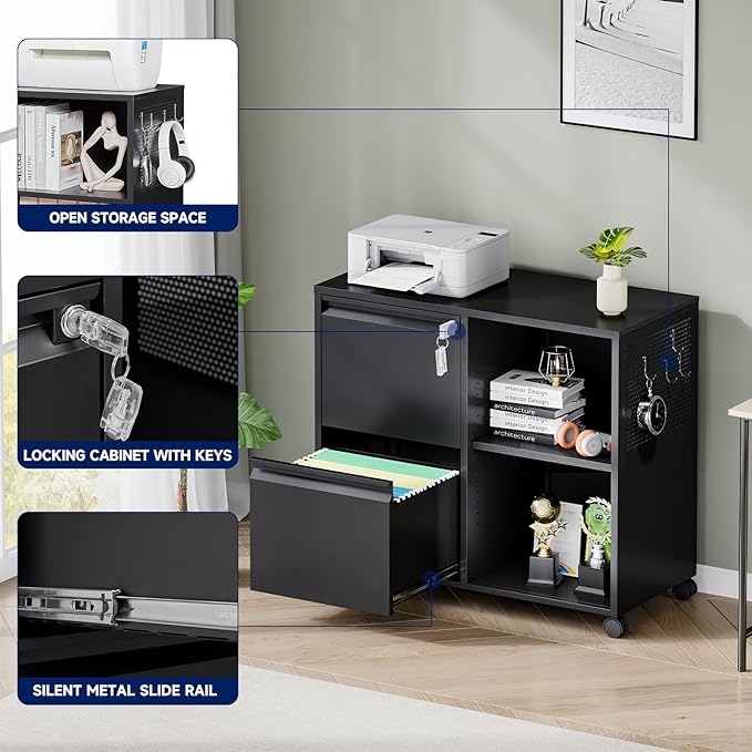 Yizosh 2-Drawer Metal File Cabinet with Lock, Mobile Lateral Filing Cabinet, Printer Stand with Adjustable Storage Shelves for Home Office (Black)