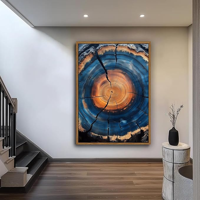 IBHJSART Framed Tree Ring Canvas Wall Art Blue Wall Art Wood Stump Painting Prints Modern Minimalist Pictures Neutral Nature Rustic Farmhouse Decor Living Room Bedroom Bathroom Office