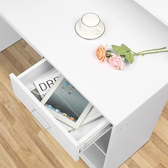 Karl home Computer Desk Study Writing Desk, PC Laptop Table Wooden Home Office Workstation with Drawer Shelf Keyboard Tray, White