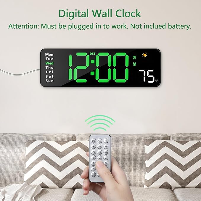 Digital Wall Clock with Remote Control, Large Display Plug in LED Digital Alarm Clocks with 12/24Hr, Date, Week, DST, Timing, Countdown, Temperature for Living Room, Bedroom, Office Wall Decor (Green)