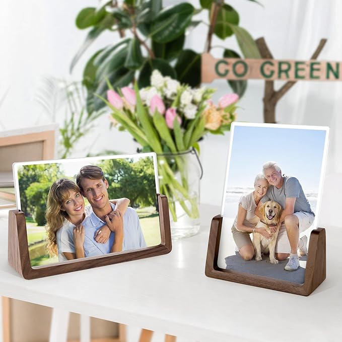 Mixoo 6x8 Picture Frame 2 Pack - Rustic Wooden Photo Frames with Walnut Wood Base and High Definition Break Free Acrylic Glass Covers for Desk or Tabletop Display (6×8 inch, Horizontal + Vertical)
