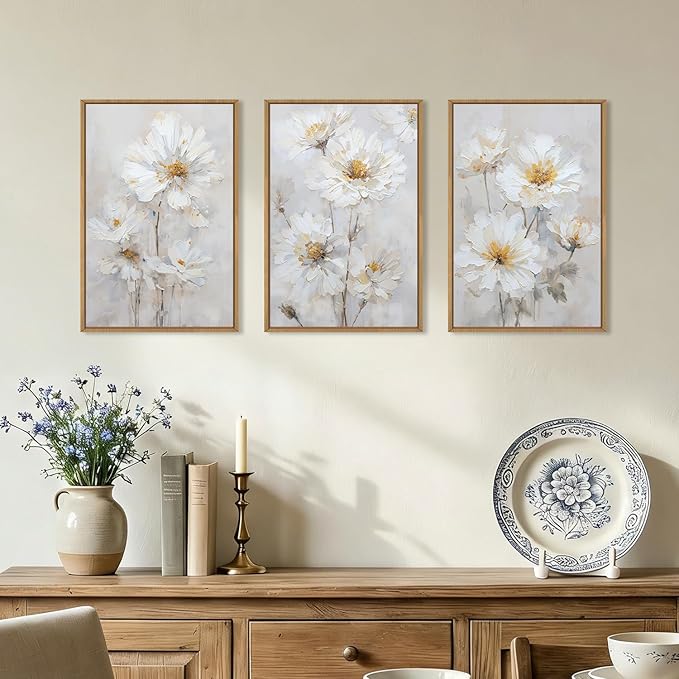Aryroi Modern Chinoiserie White Daisy Floral Framed Canvas Wall Art Set,Watercolor Natural Beige Wildflower Wall Decor,Textured Minimalist Flower Botanical Artwork for Living Room,Farmhouse-16 x24 x3