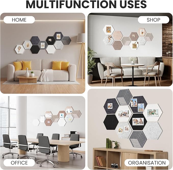 Hexagon Cork Bulletin Boards for Walls Decor, 10 Pack Felt Board Tiles with 25 Push Pins, Photo Display Board for Office & Home Classroom DIY Decor