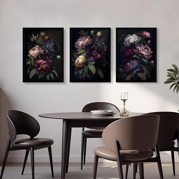 Krtoni 3PCS Framed Dark Flower Wall Art, Neutral Black Peony Floral Canvas Artwork Prints, Rustic Boho Farmhouse Flower Botanical Picture Paintings for Living Room Bedroom Office 12W x 16H