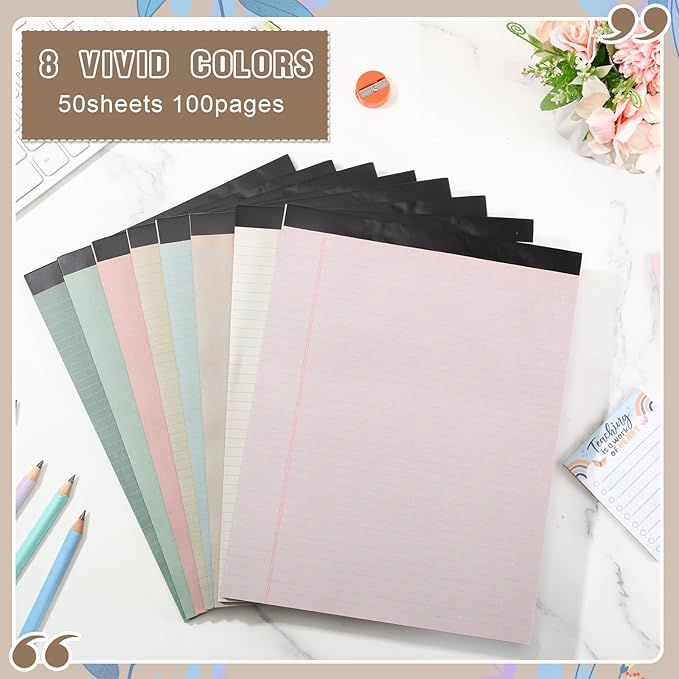 Fuutreo 8 Pcs 8.5'' x 11'' Colored Legal Pad 50 Sheets Per Writing Pads Narrow Ruled Notepad Perforated Writing Notepad Office Supplies for College Office Business (Pastel Color)