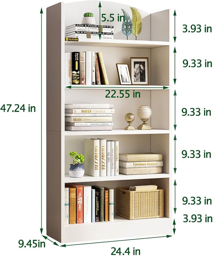 5 Tier Shelf Bookcase,47" Tall Bookshelf Display Storage Shelves,Freestanding Book Shelves for Bedroom Home Office Library Living Room,White