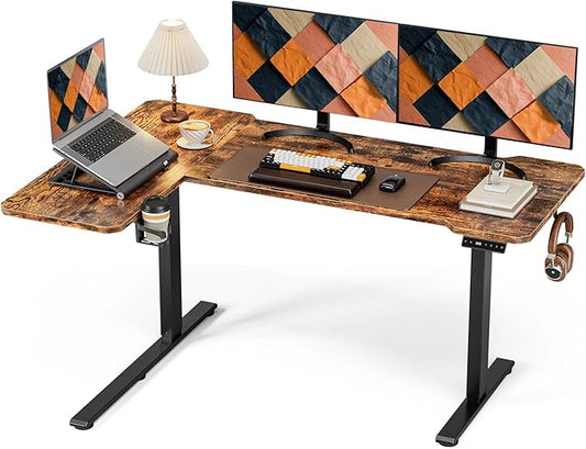 59 Inch L Shaped Standing Desk Electric Adjustable Height, Corner Standing Desk, Electric Sit Stand Table with Reversible Splice Boards for Computer Office Home (Rustic Brown)