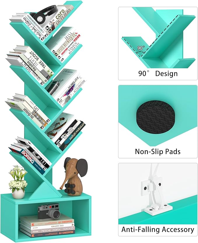 9 Tier Tree Bookshelf,Christmas Green Bookcase for Narrow Space, Storage Organizer Floor Standing Bookshelves for Books, Tall Book Case for Home Office, Living Room, Bedroom