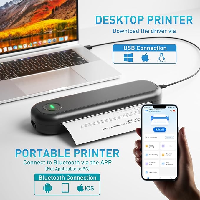 Bisofice A4 Portable Thermal Printer Wireless&USB Connect with Mobile Computer 50mm/56mm/77mm/107mm/210mm/216mm(2in/3in/4in/8in/8.5in) US Letter A5 Paper Size for Office School