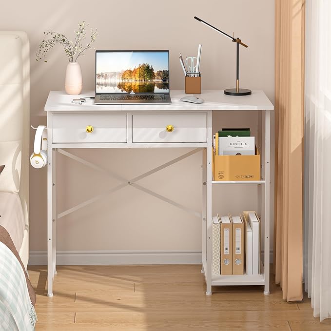 White Computer Desk, 36 Inch Small Desk with Drawers, Home Office Desk with Storage Shelves for Bedroom, Living Room, Dorm, Vanity Desk for Small Spaces, White
