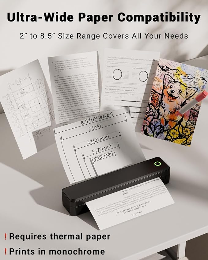 Labeer Portable Wireless Thermal Heat Small Printer 8.5 x 11 Inch Letter A4 Support, Inkless Simple Tiny Mobile Bluetooth Printer for Phone Laptop Travel Home Office (Black)
