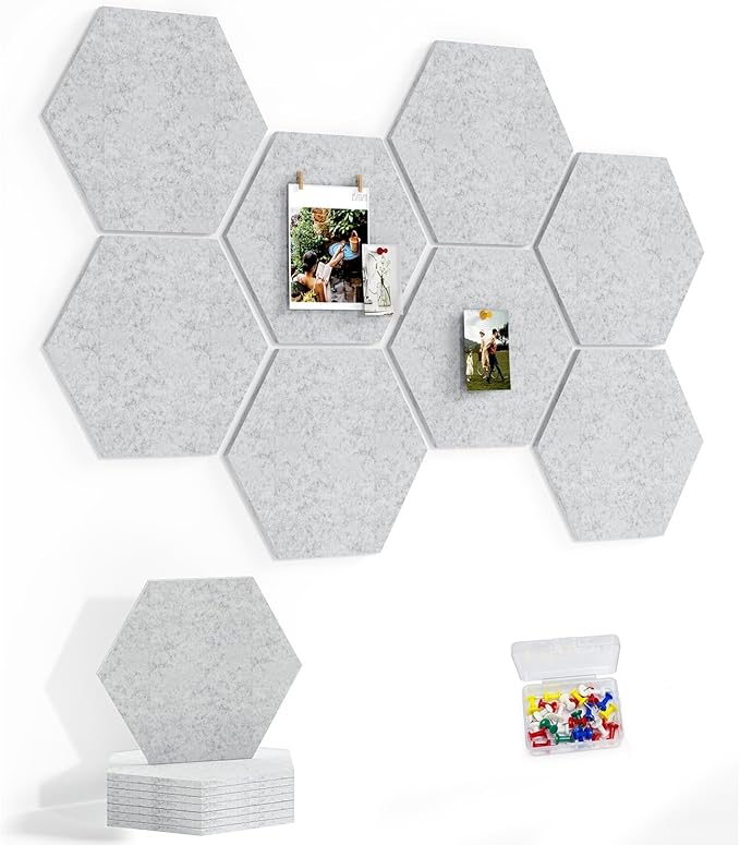 8 Pack Hexagon Felt Bulletin Board Tiles - 11.8" Large Thick Pin Board for Walls with 30 Push Pins, DIY Boards for Office Home School Decor, Aesthetic Hex Cork Board Alternative