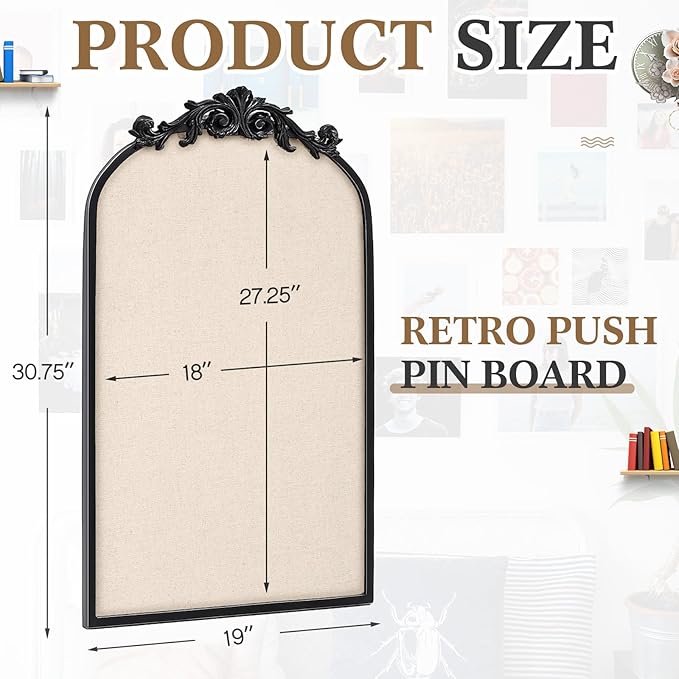 Vintage Framed Pin Board Linen Display Bulletin Board Large Cork Fabric Picture Photo Pinboard Memo Ornate Decorative Pinboard Ornate for Wall Gift(Arch,19" X 31",Vintage Black)