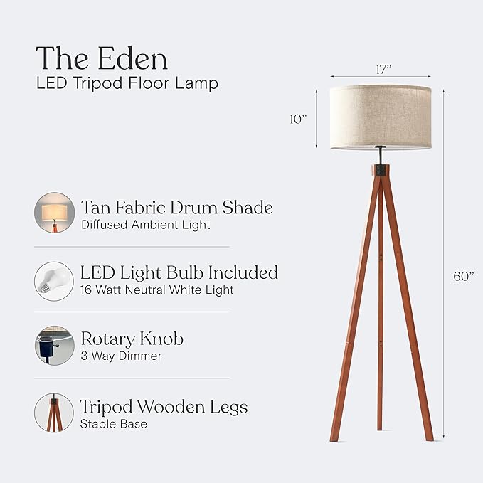 Brightech Eden Tripod Floor Lamp, Dimmable Standing Lamp with Solid Wood Legs for Bedroom Reading, Tall Tree Lamp for Offices, Modern LED Lamp for Living Rooms, Great Living Room Decor - Havana Brown