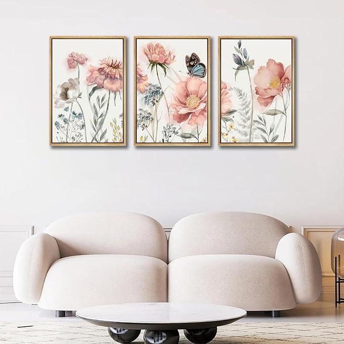 3pcs Pink Peony Floral Canvas Wall Art Butterfly Blossom Posters Prints Watercolor Bouquet Wall Decor Pictures For Living Room Classroom Bedroom Decoration Unframed