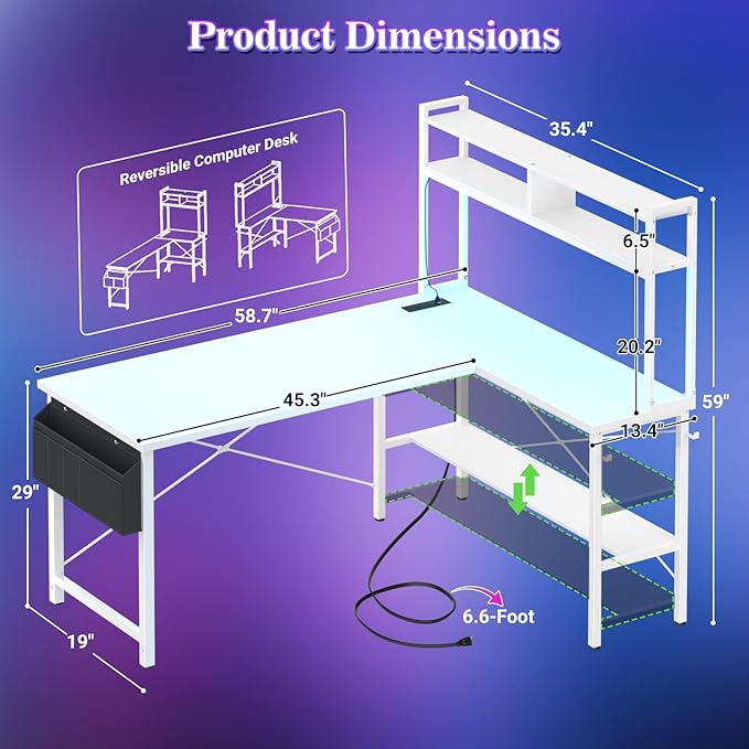 Aheaplus L Shaped Desk Gaming Desk, 59" L Shaped Computer Desk with LED Light & Power Outlet, Reversible Home Office Desk Gamer Desks with Shelves & Storage Bag & Hooks, Corner PC Desk, White