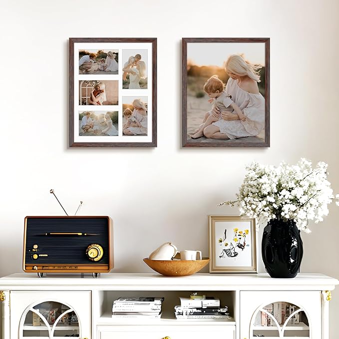 Golden State Art, 11x14 Distressed Brown Wooden Frame with White Mat - Displays Five 4x6 Photos - Tempered Glass - Wall Mounting, Portrait, Set of 10
