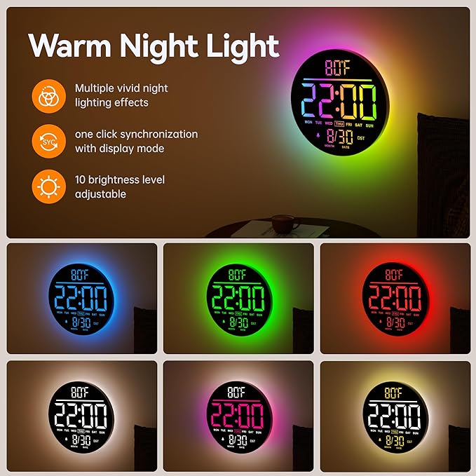 JALL 10" Large Digital Wall Clock with Seconds, Alarm Countdown Timer, Big LED Display, RGB Color, DST, Temperature, Mounted for Bedroom Living Room Office Classroom Gym, Xmas Birthday Gift, RGB