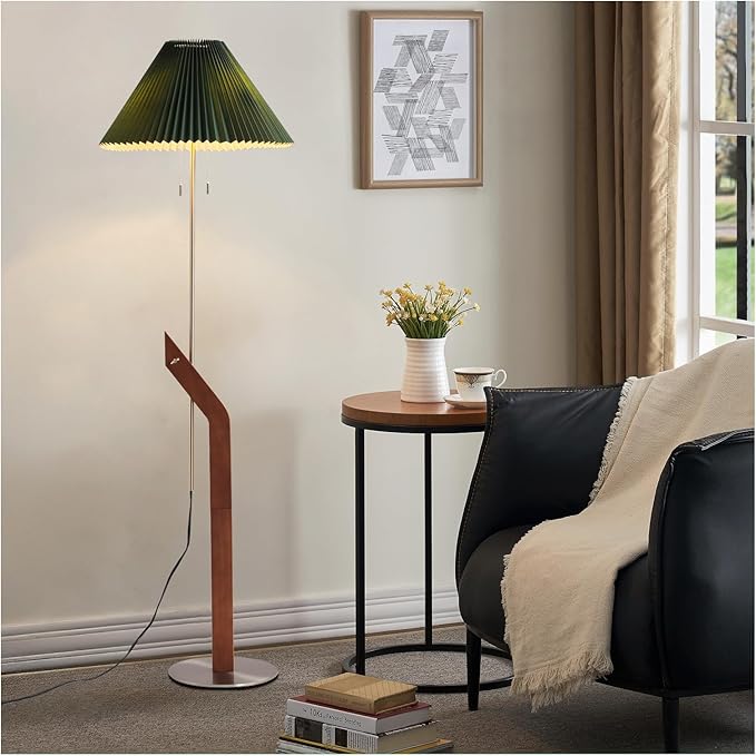 Floor Lamps for Living Room,Mid Century Modern Wood Large Floor Lamp,Height Adjustable Study Room,Bedroom,Office Tall Standing Floor Lamp,Green Pleated Lampshade