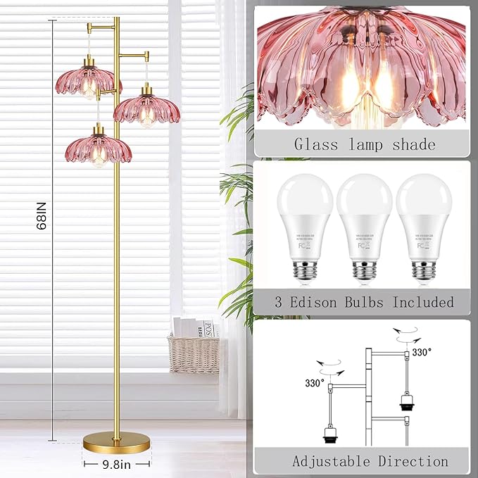 Pink Floor Lamp for Living Room,Bedroom,Gold Mid Century Modern Standing Lamp Brass Tree 3 Light Tall Floor Lamps Glass Floor Lights Flower Lamp Shade Girls Kids Boho Bohemian