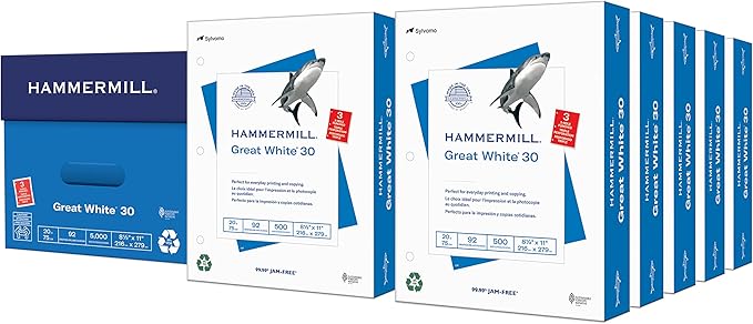 Hammermill Printer Paper, Great White 30% Recycled Paper, 3 Hole - 92 Bright, Made in the USA, 086702C - 10 Ream (5,000 Sheets)