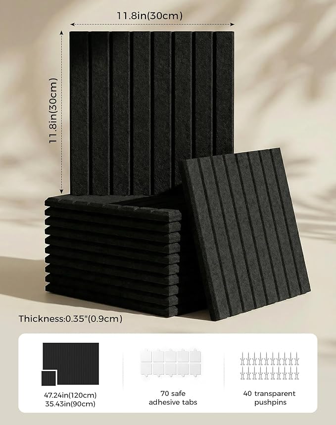 Aothia 12-Pack Large Felt Bulletin Board 48"x36", Modular Pin Board Tiles for Wall, Cork Board Alternative for Office & Classroom, Includes 70 Adhesive Tabs & 40 Pushpins, Black