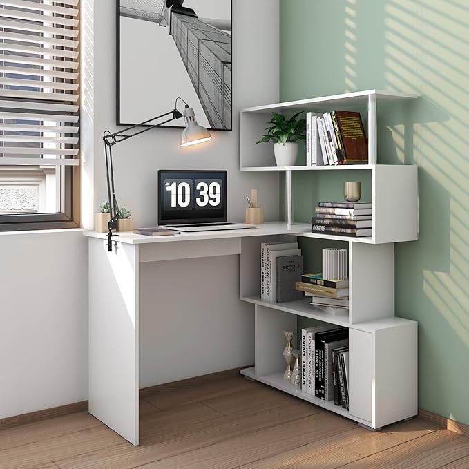 41.7" L Shaped Desk with 4-Tier Storage Shelves, Computer Corner Desk for Study Home Office Living Room (White)