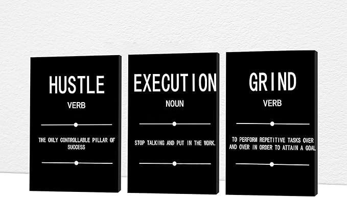 Office Wall Art - 3 Panel Motivational Wall Art, Inspirational Quotes Canvas Art for Home Office Wall Decor, Positive Quotes Wall Decor, Entrepreneur Grind Hustle Execution Poster Frame (12”x24”x3Pcs)