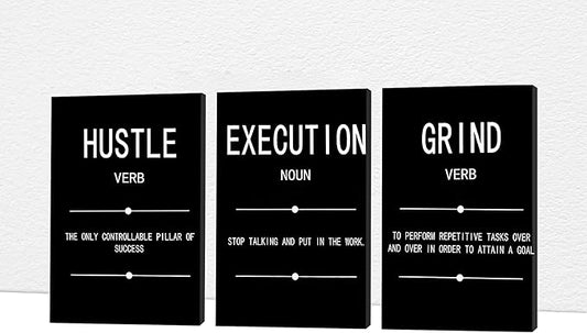 Office Wall Art - 3 Panel Motivational Wall Art, Inspirational Quotes Canvas Art for Home Office Wall Decor, Positive Quotes Wall Decor, Entrepreneur Grind Hustle Execution Poster Frame (24”x36”x3Pcs)