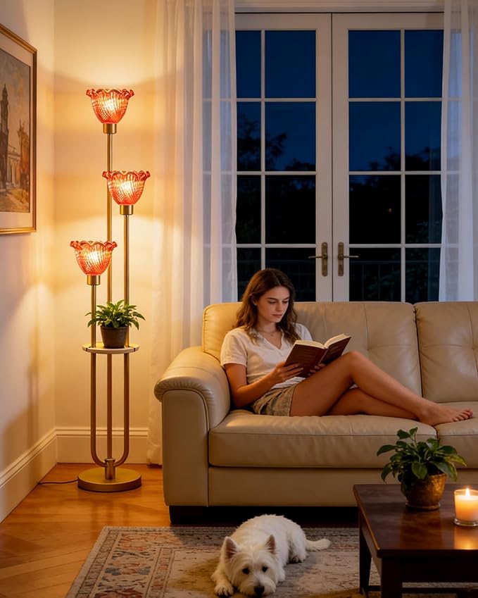 Lightdot Glass Floor Lamp for Living Room Dimmable Gold Floor Lamp with Rose Red Glass Shade & 3000K Bulbs Included 3-Lights Modern Tall Standing Lamp for Bedroom/Sofa Beside/Corner Decor