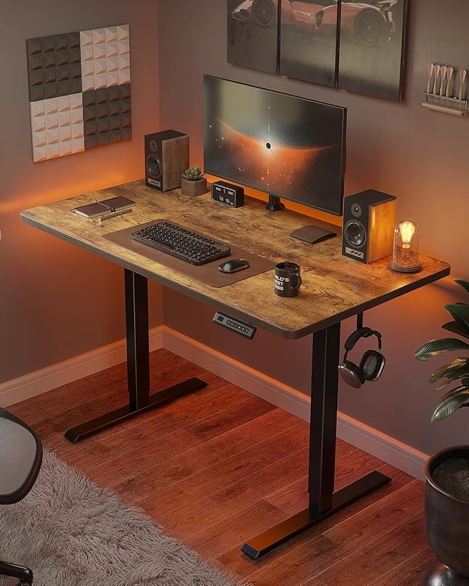 CubiCubi 32 x 20 Small One-Piece Standing Desk, Adjustable Height Electric Computer Home Office Sit Stand up Workstation, with 4 Memory Presets, Headphone Hook, Rustic Brown
