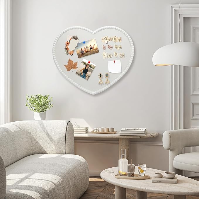 Large Heart-Shaped Linen Cork Bulletin Board with White Wood Frame, 24x19 Inch Decorative Memo & Photo Pin Board, Cute Vision Board for Home Office, Bedroom or Valentines Day Gifts Wall Decor