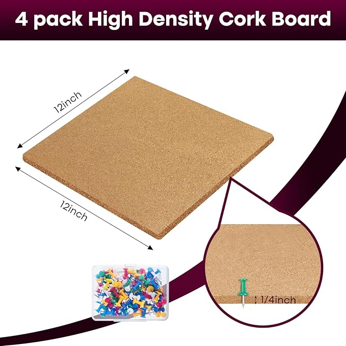 Cork Board 4 Pack Bulletin Boards 12"x12" - 1/4" Self Adhesive Corkboards for Wall School Home Office with 100 Push Pins