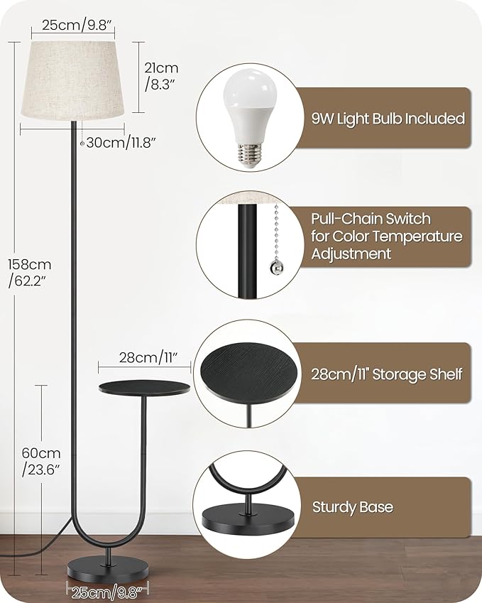 Floor Lamp with Side Table, Standing Lamp for Living Room with Tray, Pull-Chain Switch, for Living Room, Bedroom, 3 Color Temperatures, 9W LED Bulb Included, Black and Beige BE21LD05
