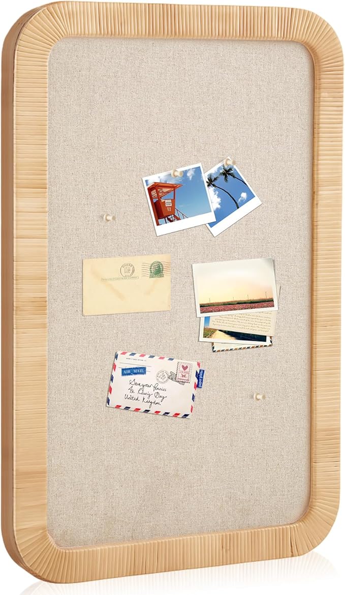 Vintage Framed Pin Board Linen Display Bulletin Board Large Cork Fabric Picture Photo Pinboard Memo Ornate Decorative Pinboard Ornate for Wall Gift(Boho Rectangle,20'' X 30'',Light Brown)