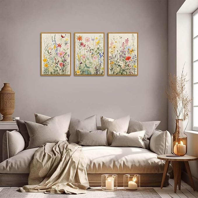 KISSFOX 3 Piece Watercolor Wildflower Botanical Framed Wall Art Colorful Floral Canvas Art Prints Boho Flower Pictures Wall Decor Modern Minimalism Paintings Artwork Girls Bedroom Living Room Bathroom