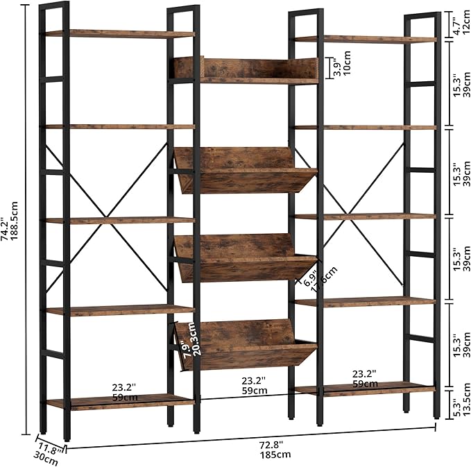 IRONCK Bookshelf, Bookshelves and Bookcases, Triple Wide 5 Tiers Book Shelf with Baffles, Industrial Bookshelf with Metal Frame for Living Room, Home Office