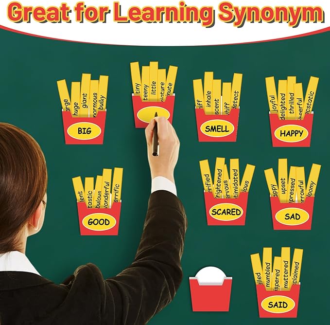 Synonym Bulletin Board Set Fried Words Classroom Decoration Other Way to Say Synonym Bulletin Board French Fry Box Cutouts for English Educational Classroom Back to School Chalkboard Wall Decor