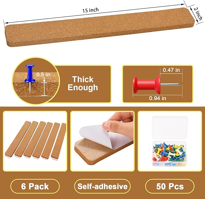Cork Board Strips, 6 Pack 15 x 2 x 0.5 in Adhesive Cork Boards for Walls Office with 50 Push Pins for Paste Notes, Photos, Schedules, Photos