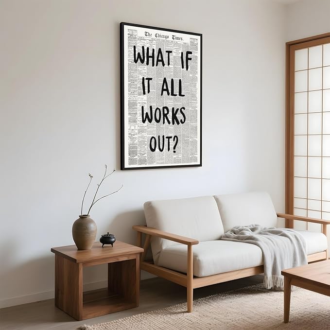 Framed What If It All Works Out Wall Art Black and White Retro Newspaper Poster Positive Motivational Canvas Print Painting Inspirational Quote Picture Wall Decor for Office Home Bedroom 16x24inch