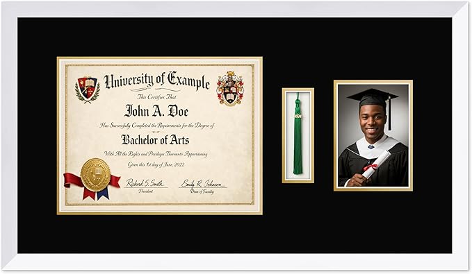 CountryArtHouse Diploma Tassel and Photo Shadowbox Fits 13 x 10 College Diploma (Traditional) with Tassel Bright White Genuine Hardwood with Black Over Metallic Gold Double mat