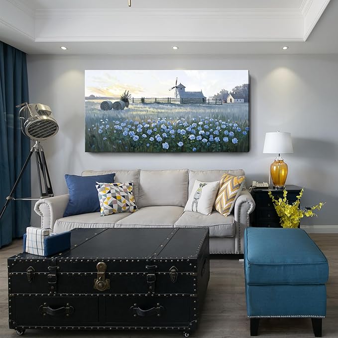 amatop Oversized Farmhouse Wall Art: Blue Rose & Windmill Botanical Landscape Canvas Print - Large Tranquil Floral Scene, Ideal for Living Room, Dining Room, or Hallway Decor | 58x29 Inches