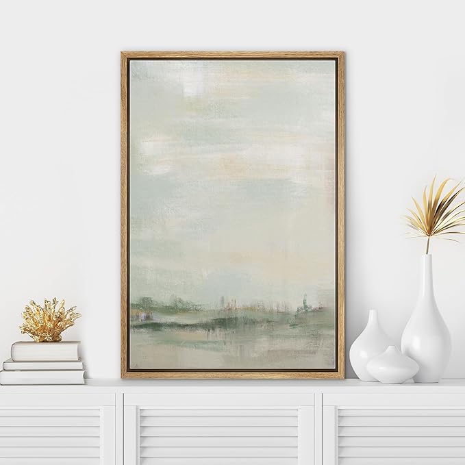 SIGNWIN Framed Canvas Print Wall Art Tan Green Pastel Landscape Shapes Abstract Illustrations Minimal Decorative Nordic Zen Bohemian for Living Room, Bedroom, Office - 16"x24" Natural