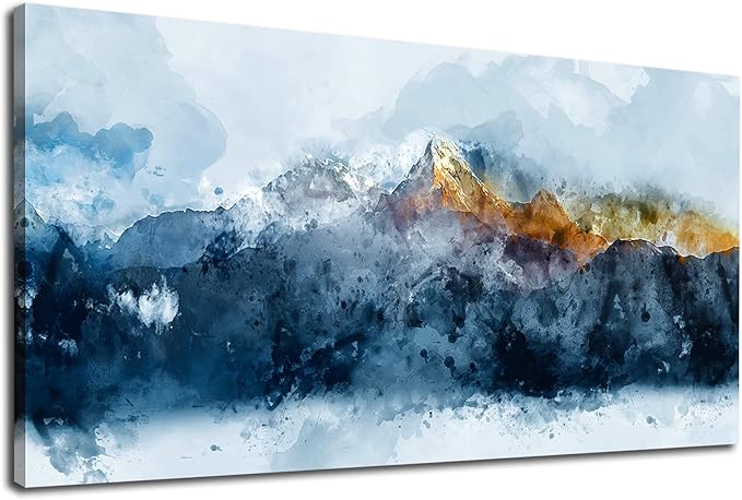 arteWOODS Mountain Canvas Wall Art Indigo Abstract Mountain Painting Prints Blue Clouds Orange Mountain Peaks Pictures Artwork for Living Room Bedroom Gallery Wall Decor Ready to Hang 29" X 58"