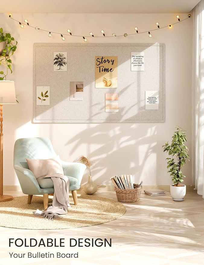 Fluxynara Large Bulletin Board, 59" x 35.4" Cork Board Alternative with 24 Safe Removable Adhesive Tabs, Foldable Felt Pin Board for Home Office, Classroom, Bedroom,Entryway for Walls— Oatmeal