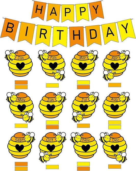 JarThenaAMCS 85Pcs Bee Birthday Bulletin Board Decorations Set Bees Hives Birthday Calendar Poster Honeycomb Paper Cutouts Party Supplies for Teacher Students Back to School Classroom Wall Decor