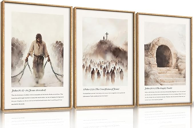 KAIRNE Christian Wall Art Set of 3, Jesus Resurrection Bible Verses Framed Canvas Prints, Easter Decor with Crucifixion, Empty Tomb, Religious Home Decor for Living Room, Church 16x24 Inch