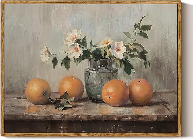 ARPEOTCY Framed Canvas Wall Art, Farmhouse Vintage Wall Decor, Oranges Still Life Painting for Country Kitchen Bedroom Shelf, Rustic Cottagecore Pictures Decorations, 12x16inch