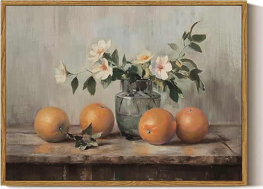 ARPEOTCY Framed Canvas Wall Art, Farmhouse Vintage Wall Decor, Oranges Still Life Painting for Country Kitchen Bedroom Shelf, Rustic Cottagecore Pictures Decorations, 12x16inch